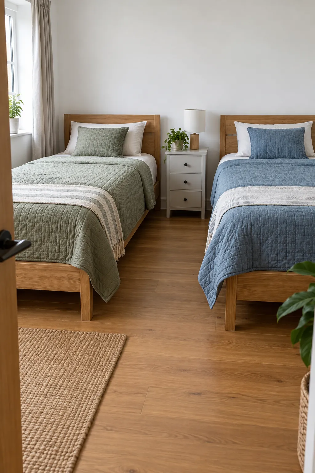 Two twin beds with a shared clear aisle in a small bedroom