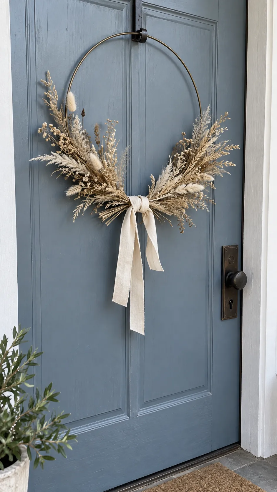A loose wreath of dried grasses for coastal fall decor