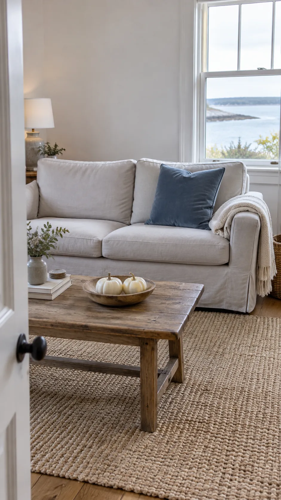 Coastal living room with blue textiles and white pumpkins for fall