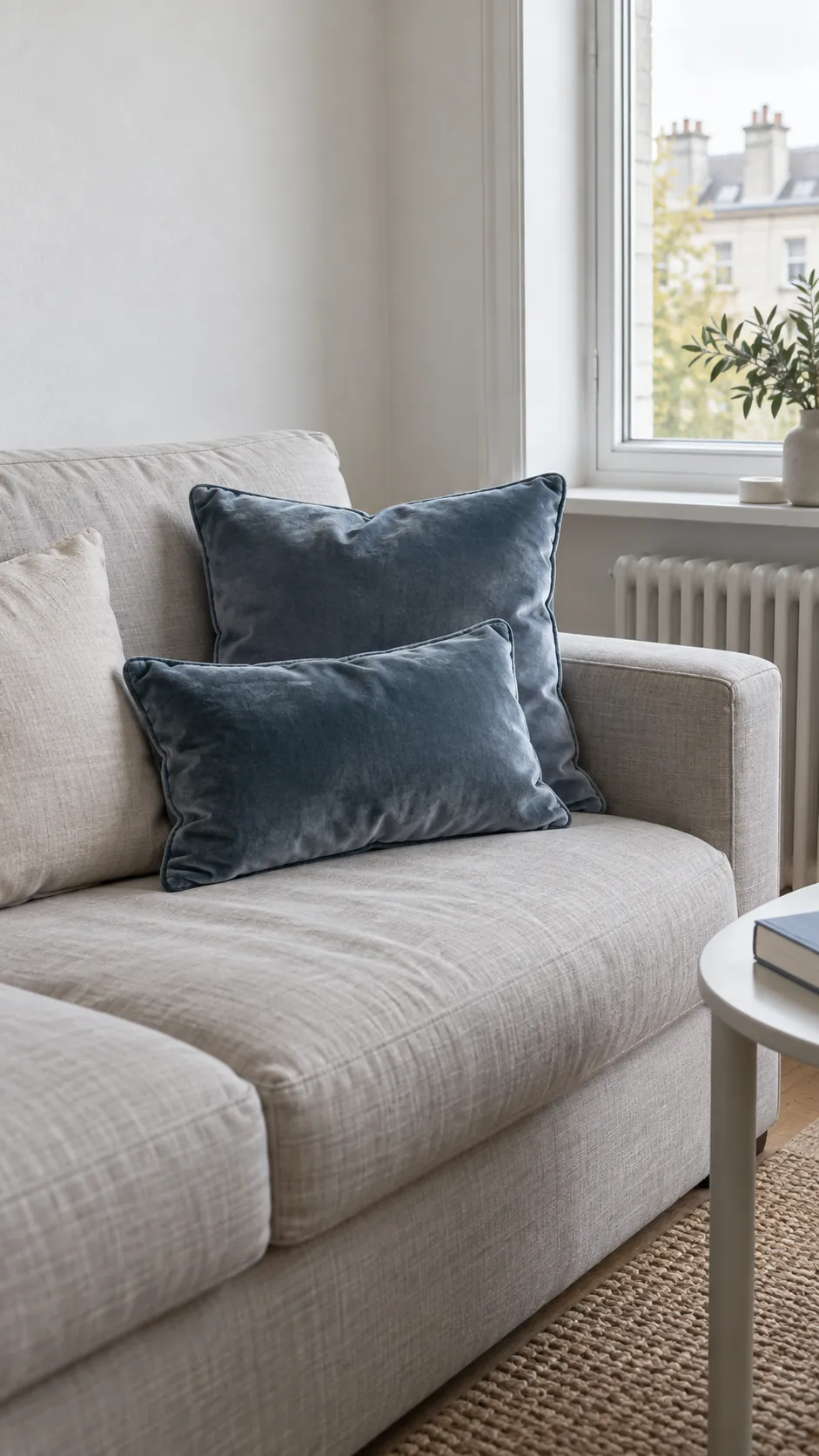 Dusty blue velvet cushions on a linen sofa for coastal fall decor