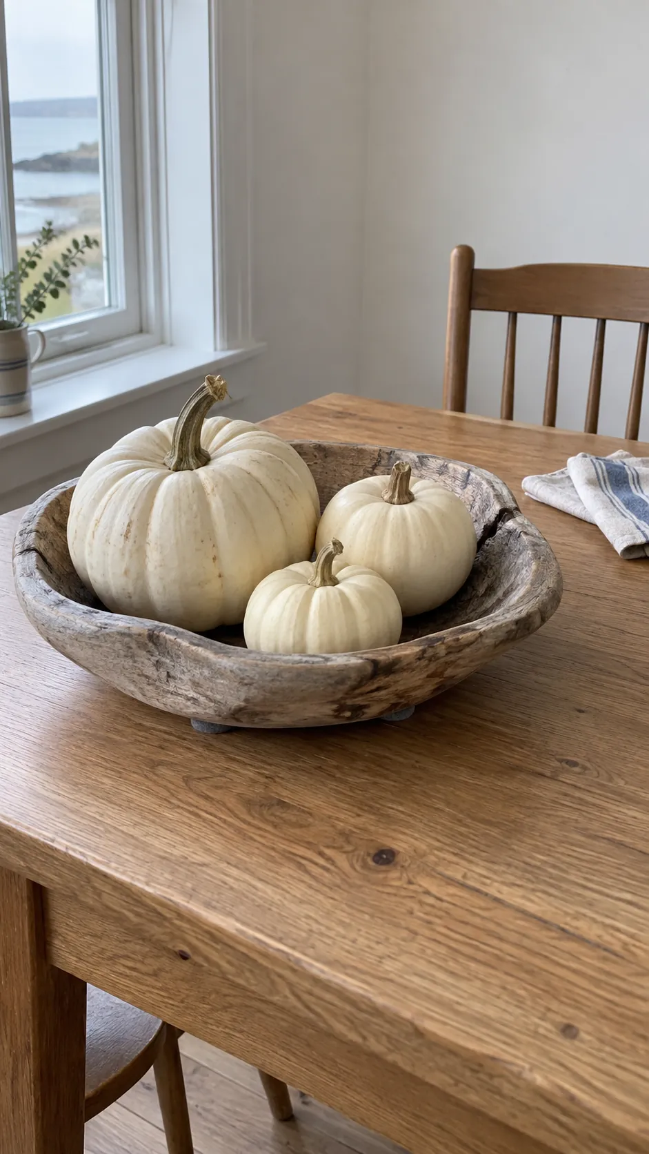 White pumpkins in a shallow driftwood bowl for coastal fall decor