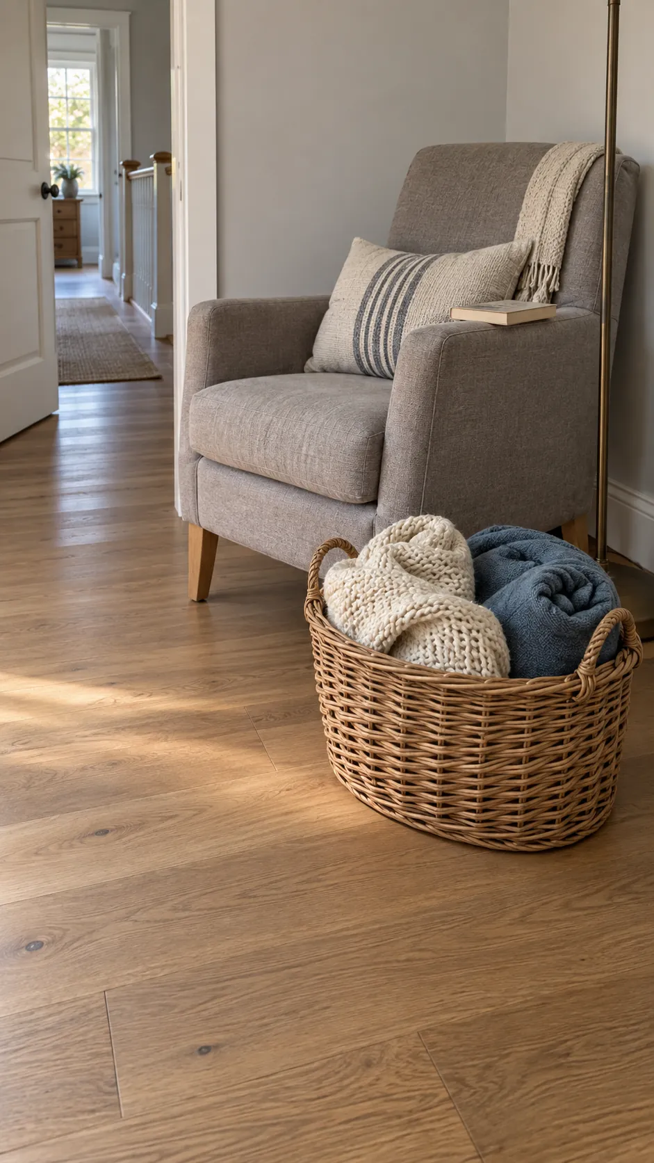 A basket of throws beside the reading chair for coastal fall decor