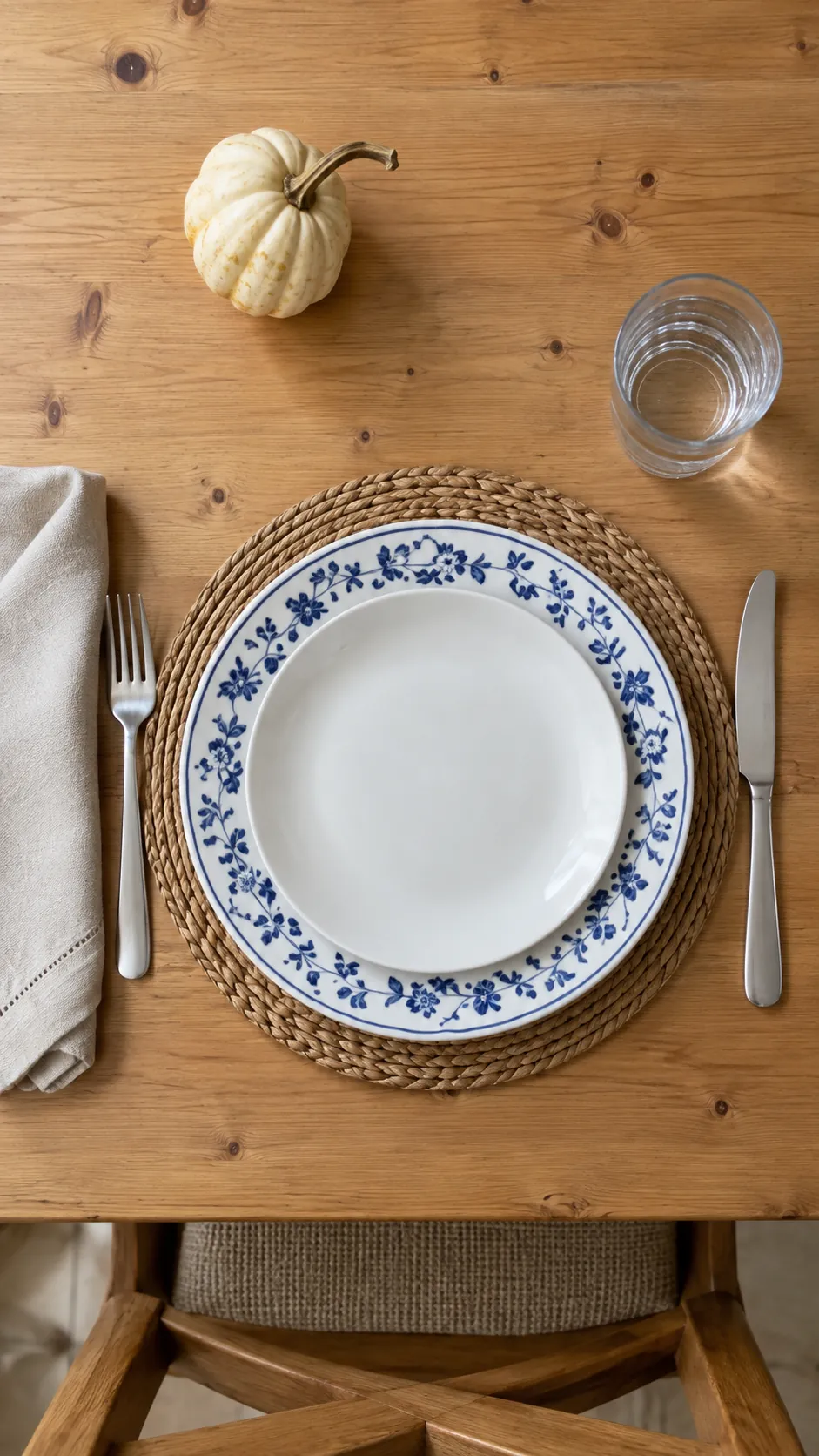 Blue and white plates with linen napkins for coastal fall decor