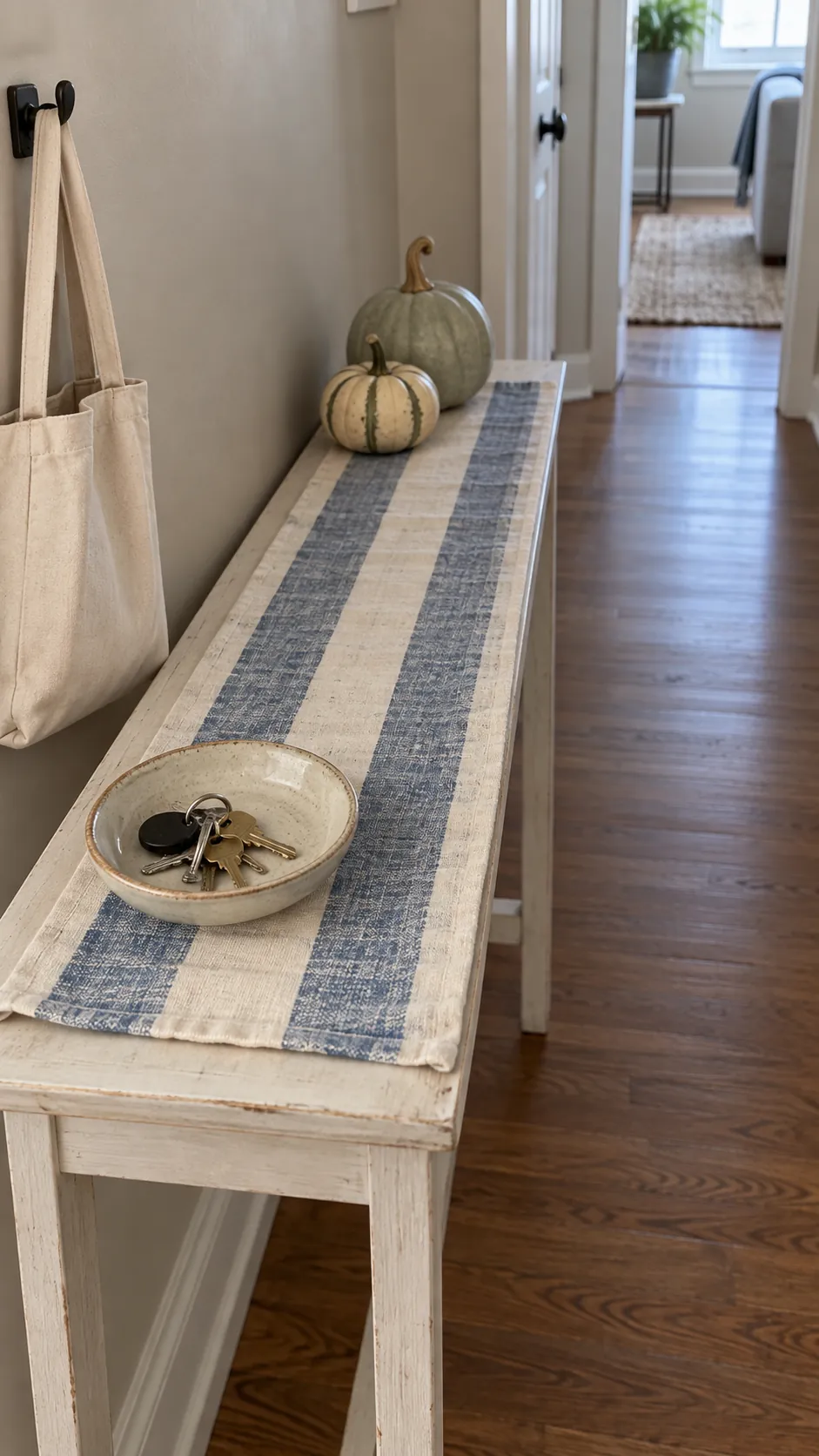 A washed stripe runner for the console for coastal fall decor