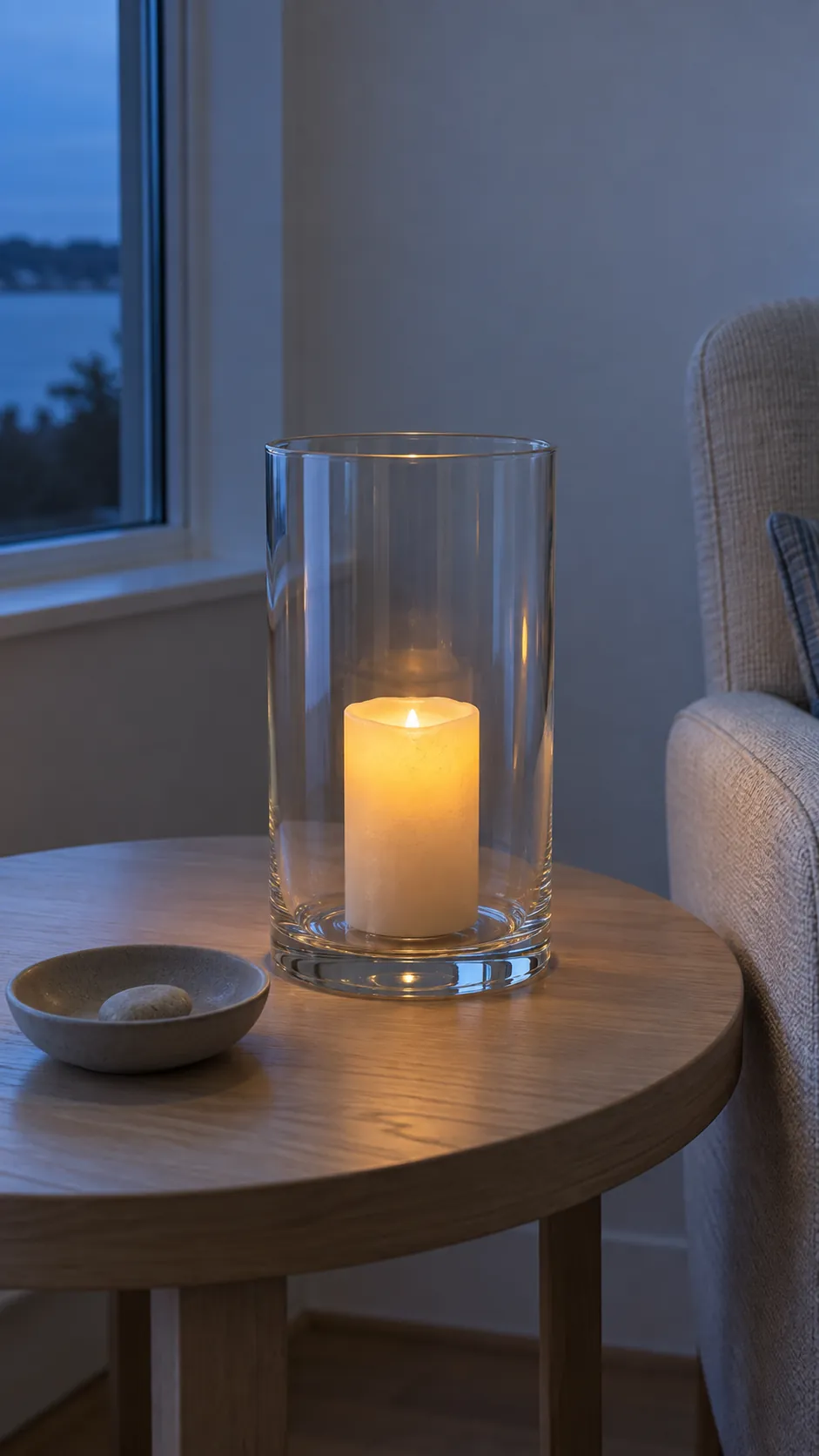 Amber light inside a clear hurricane for coastal fall decor