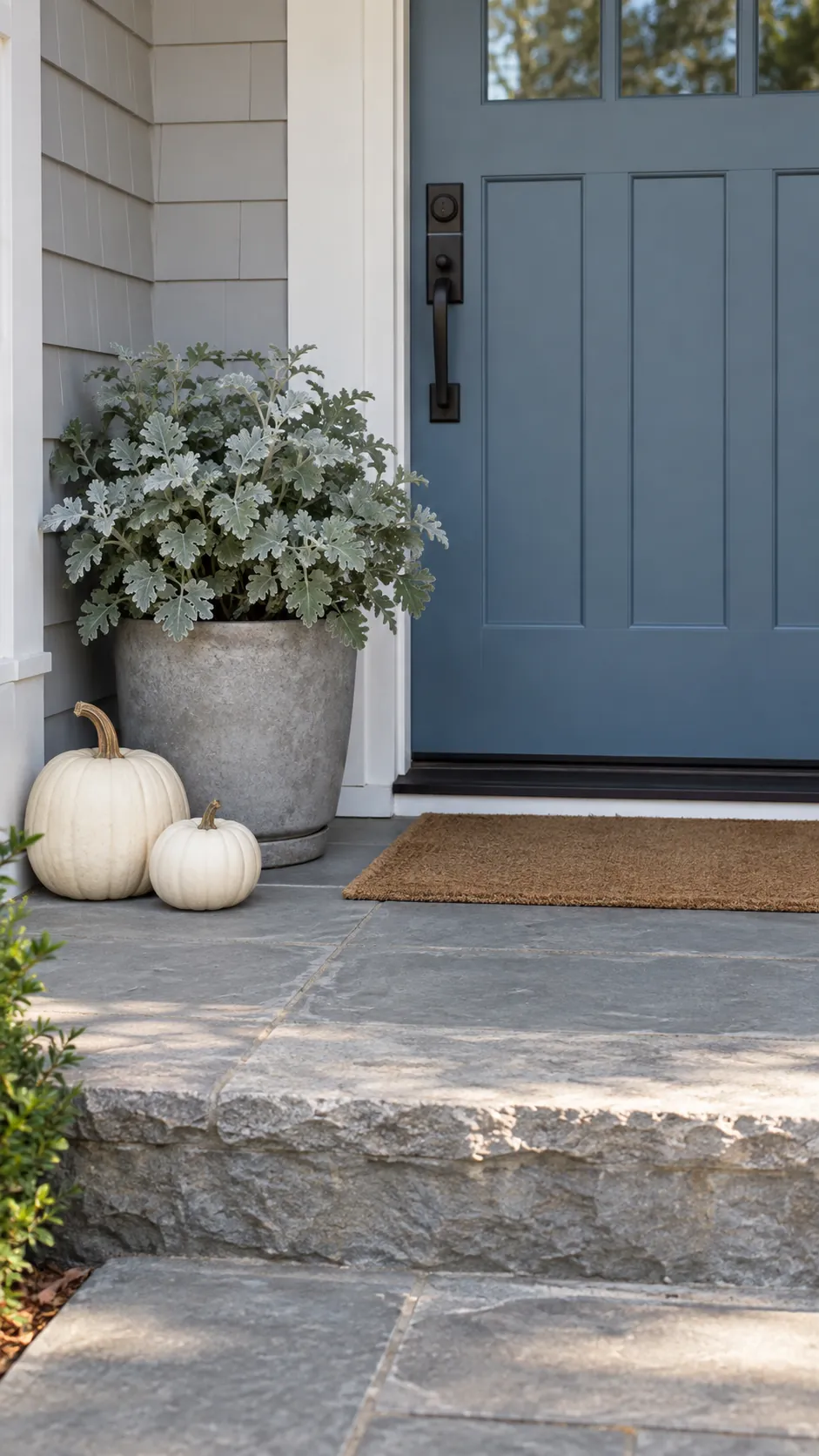A porch pot with silver foliage for coastal fall decor