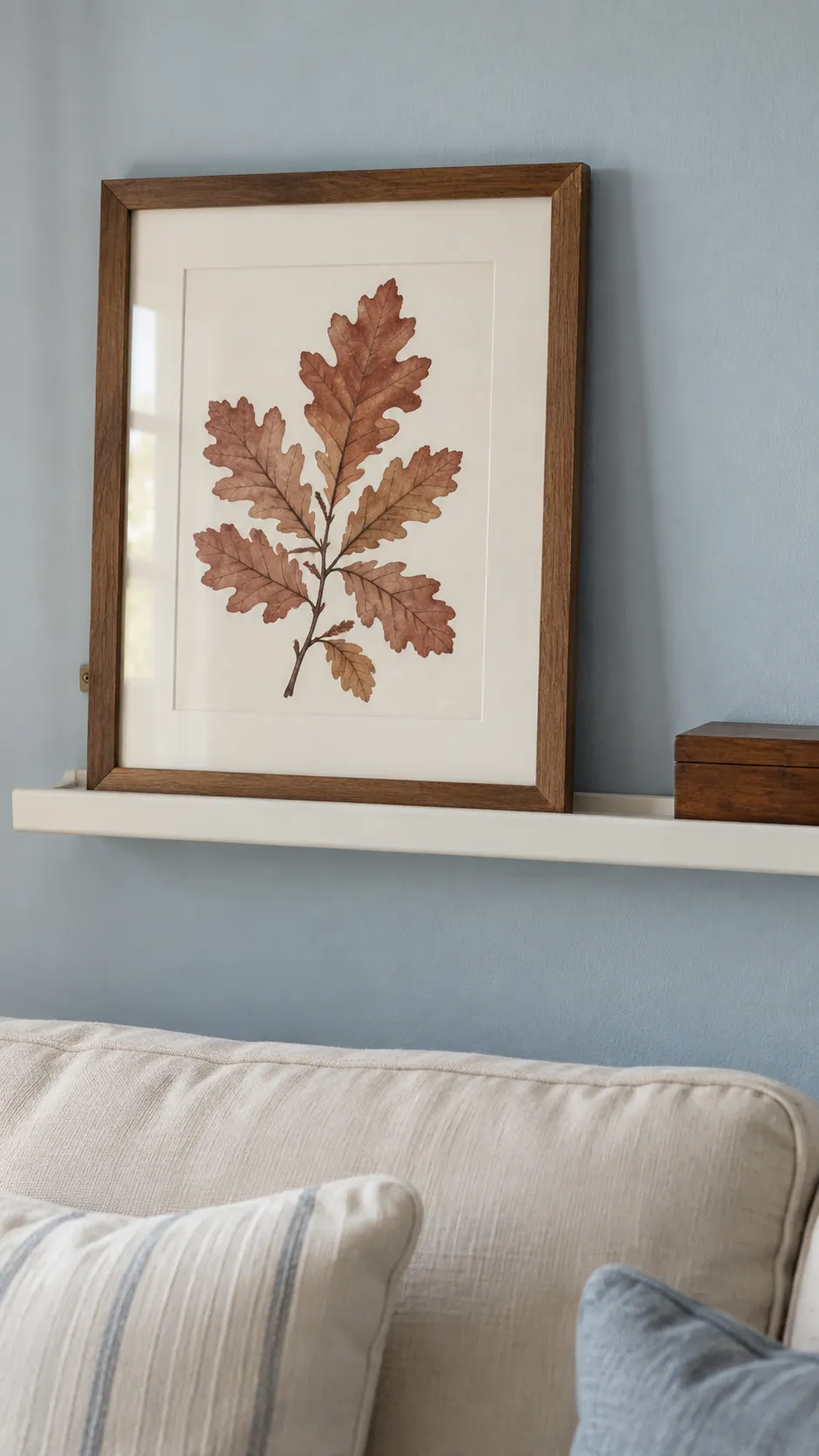 A russet botanical print in an existing frame for coastal fall decor