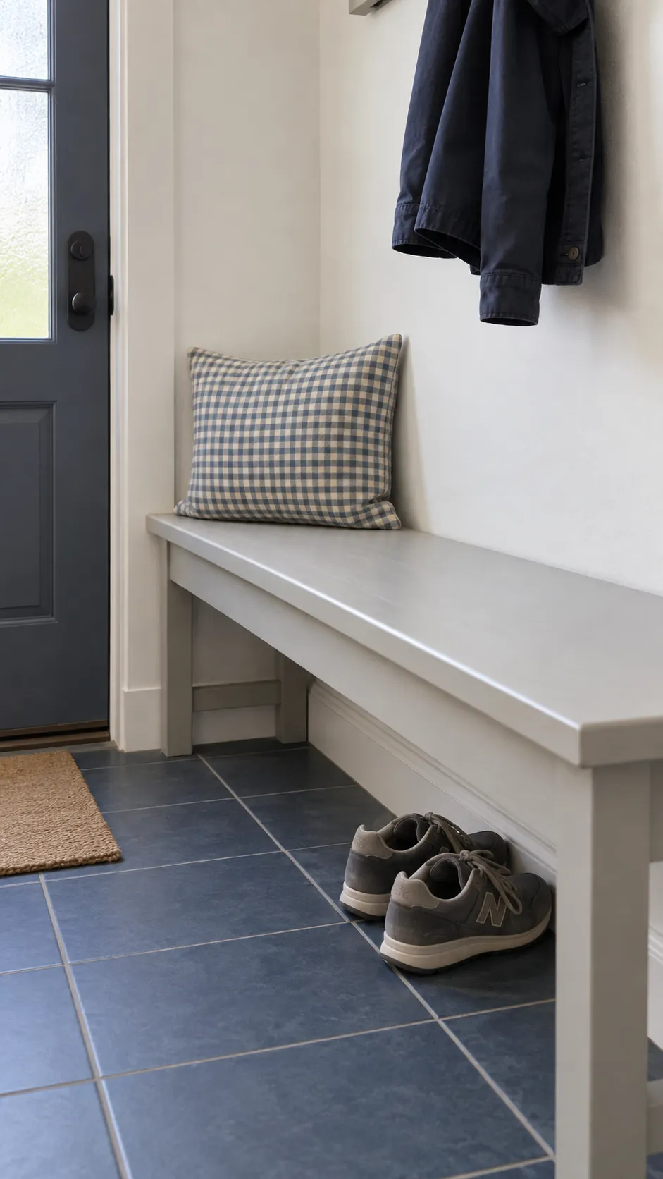 A soft checked cushion on an entry bench for coastal fall decor