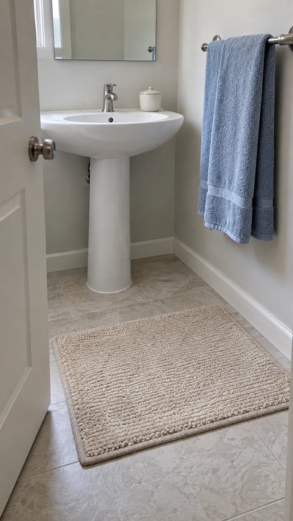 A textured bath mat with muted blue towels for coastal fall decor