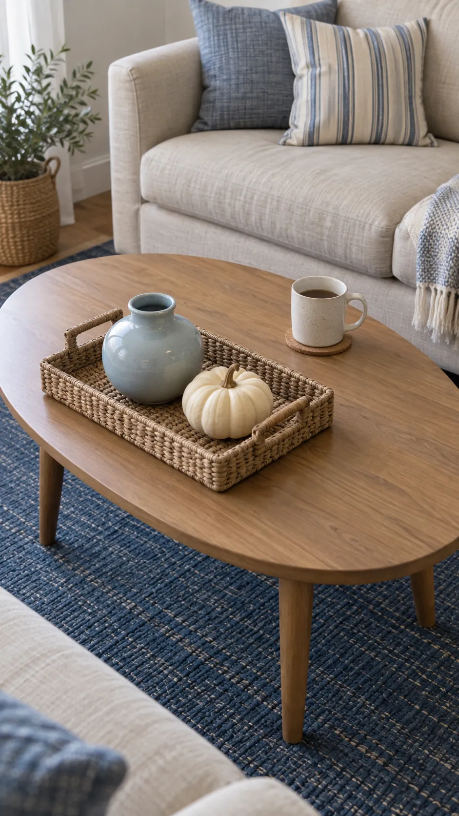 A woven tray for a compact coffee table for coastal fall decor