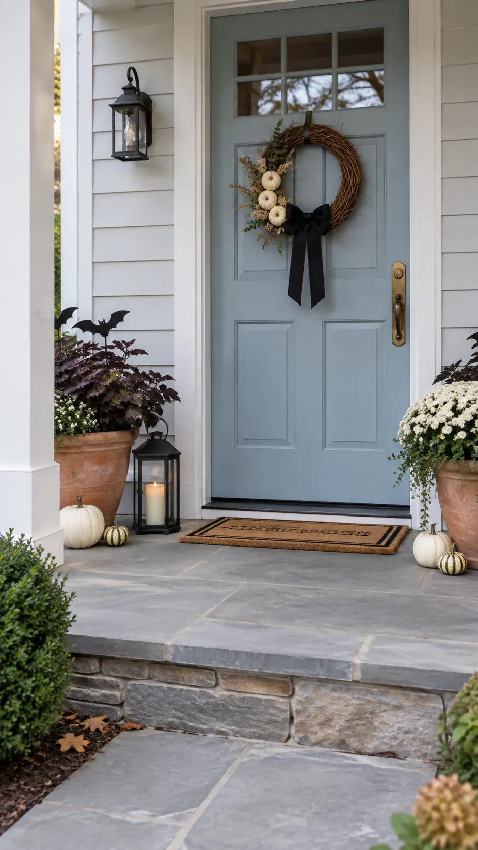 Welcoming Halloween porch with a pumpkin wreath, planters and a lantern beside a clear entrance
