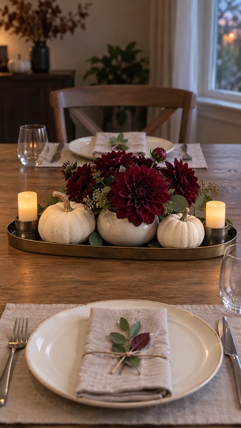Arrange White Pumpkins with Dark Flowers