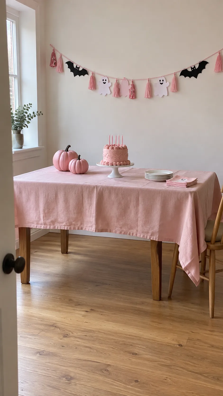 Pink Halloween birthday cake table with pumpkins and paper bats