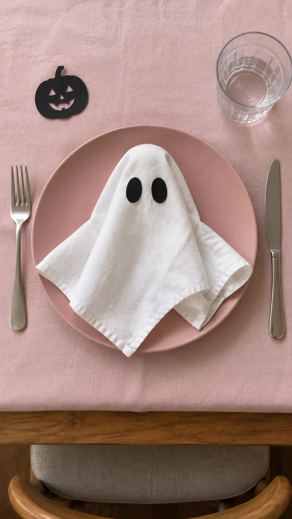 Friendly ghost napkins at each setting for a pink Halloween birthday party