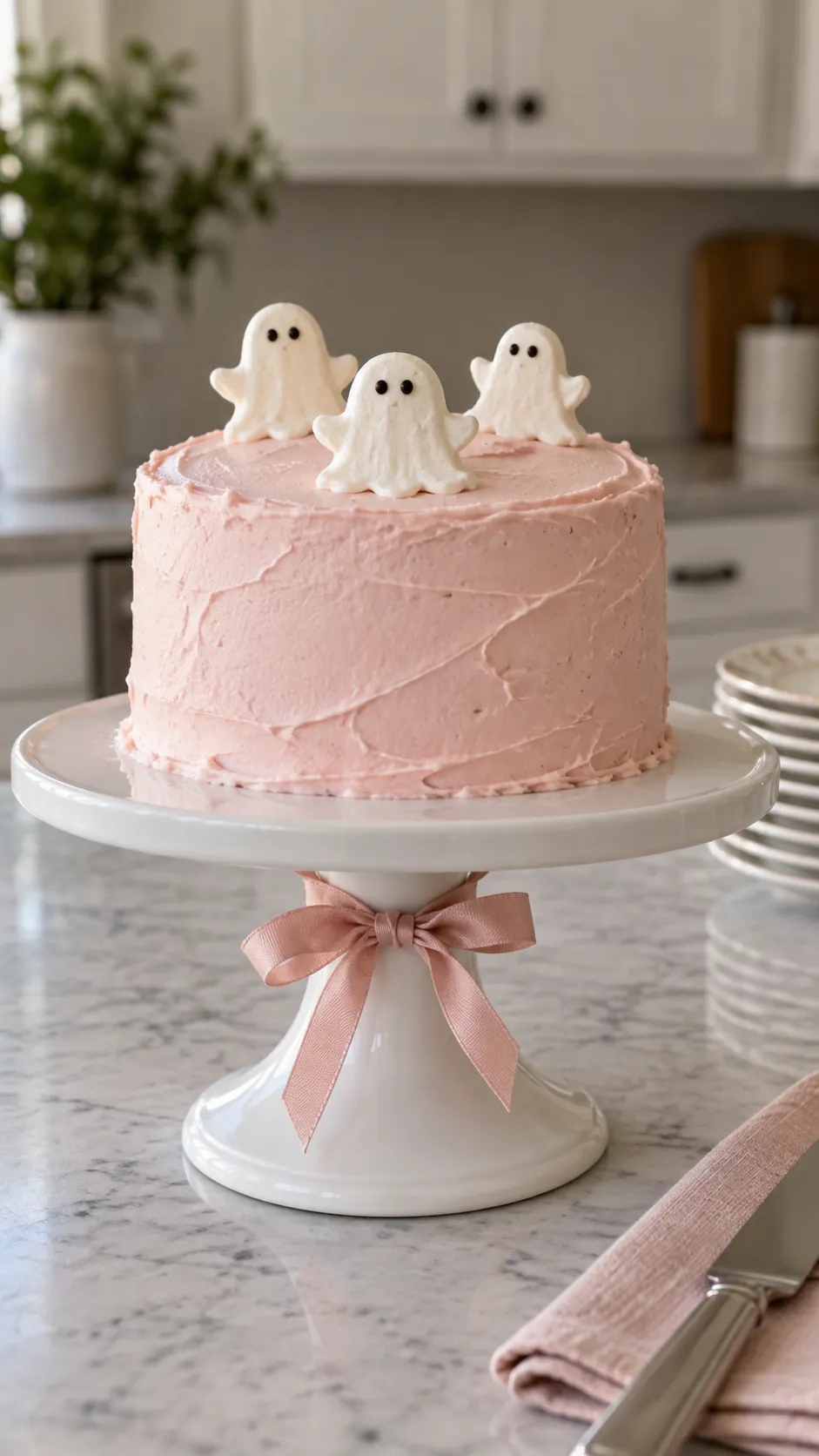 A cake stand with a blush ribbon for a pink Halloween birthday party