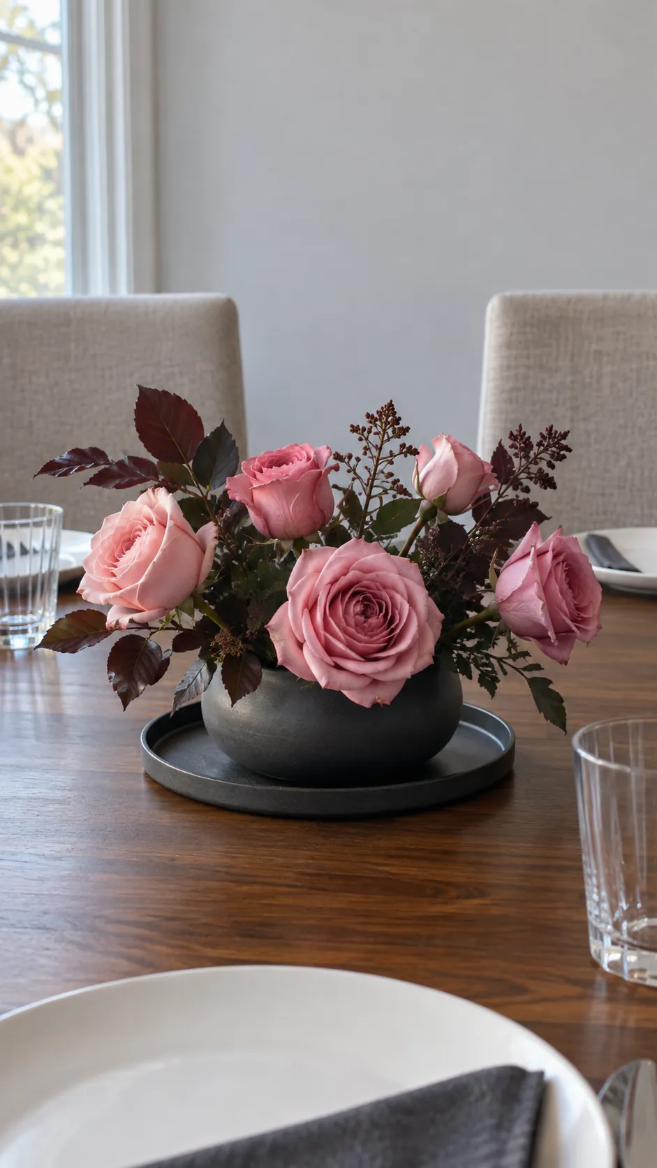 A low centerpiece of roses and dark leaves for a pink Halloween birthday party