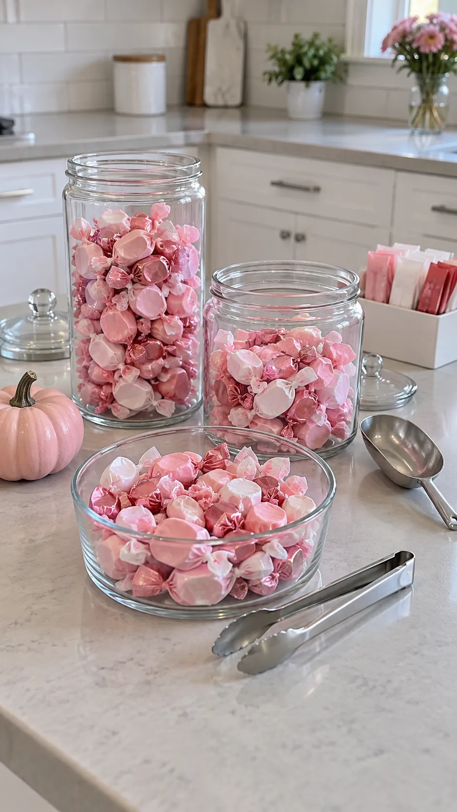 A candy station with clear containers for a pink Halloween birthday party