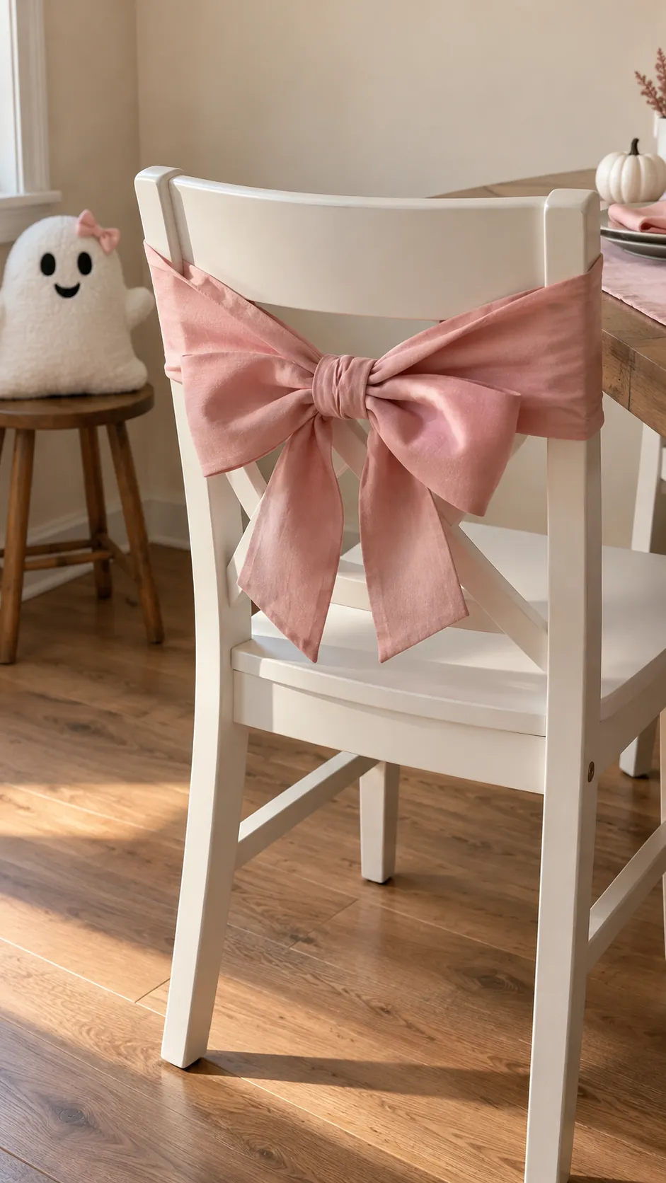 A birthday chair with a removable bow for a pink Halloween birthday party