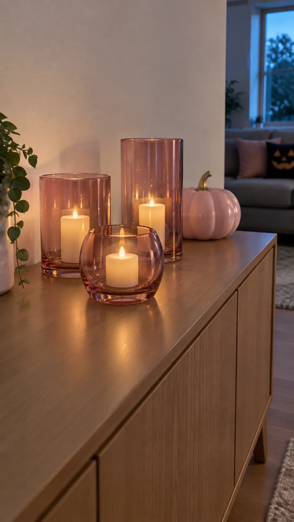 Battery candles in rose tinted holders for a pink Halloween birthday party