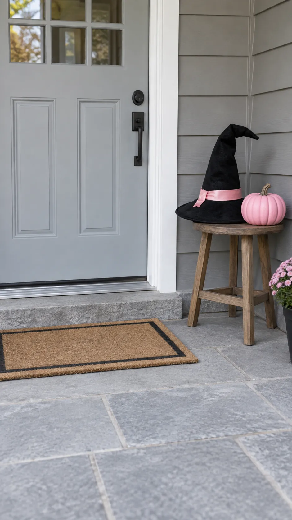 A pink doormat scene with one witch hat for a pink Halloween birthday party