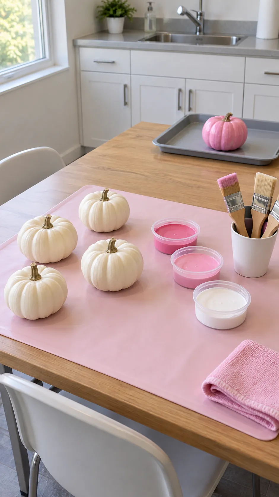 A craft table for decorating mini pumpkins for a pink Halloween birthday party