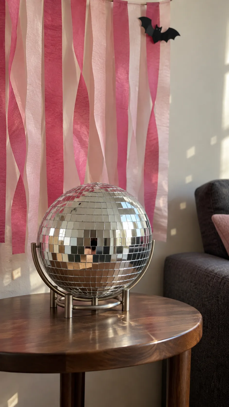 A silver disco accent with pink streamers for a pink Halloween birthday party