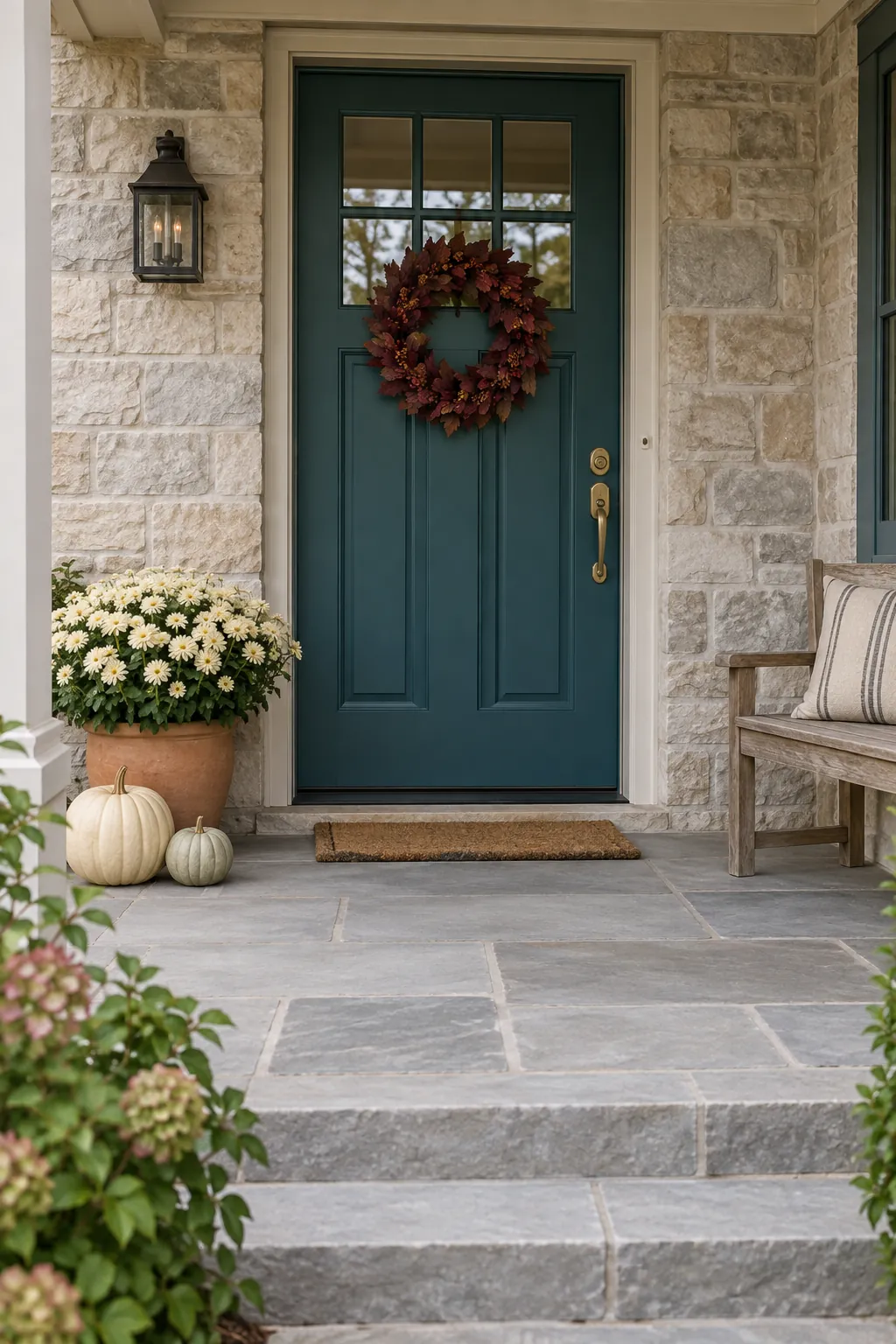 Autumn front entrance with a teal door, burgundy wreath, cream mums and a clear landing