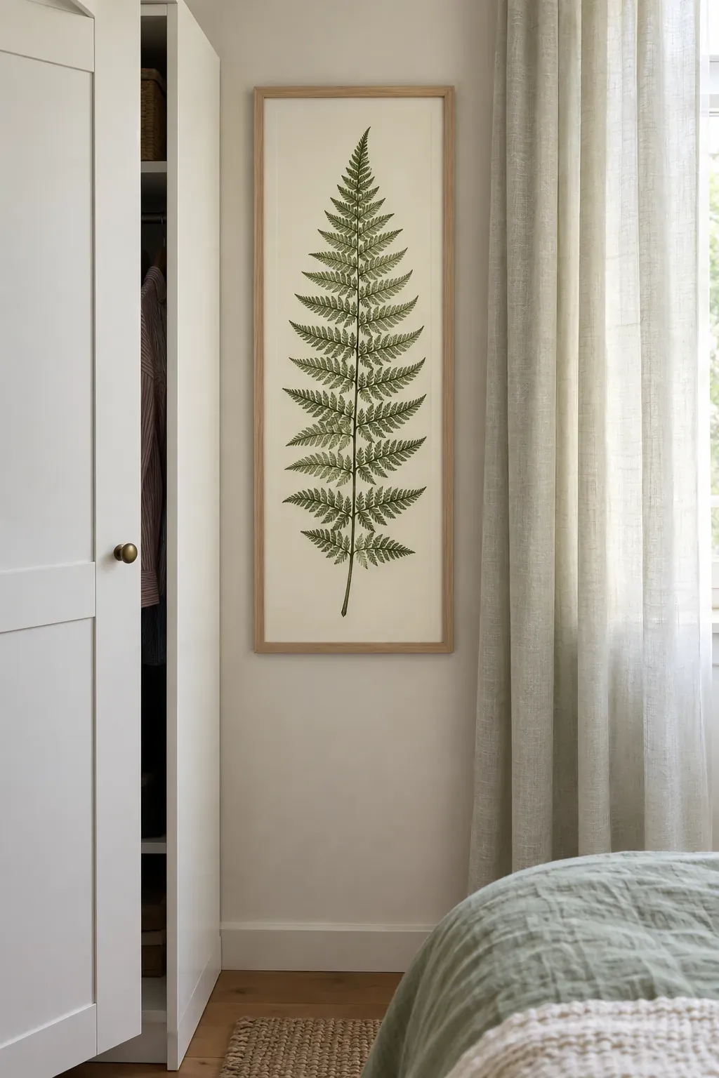 A fern study in a narrow wall gap as a bedroom poster idea
