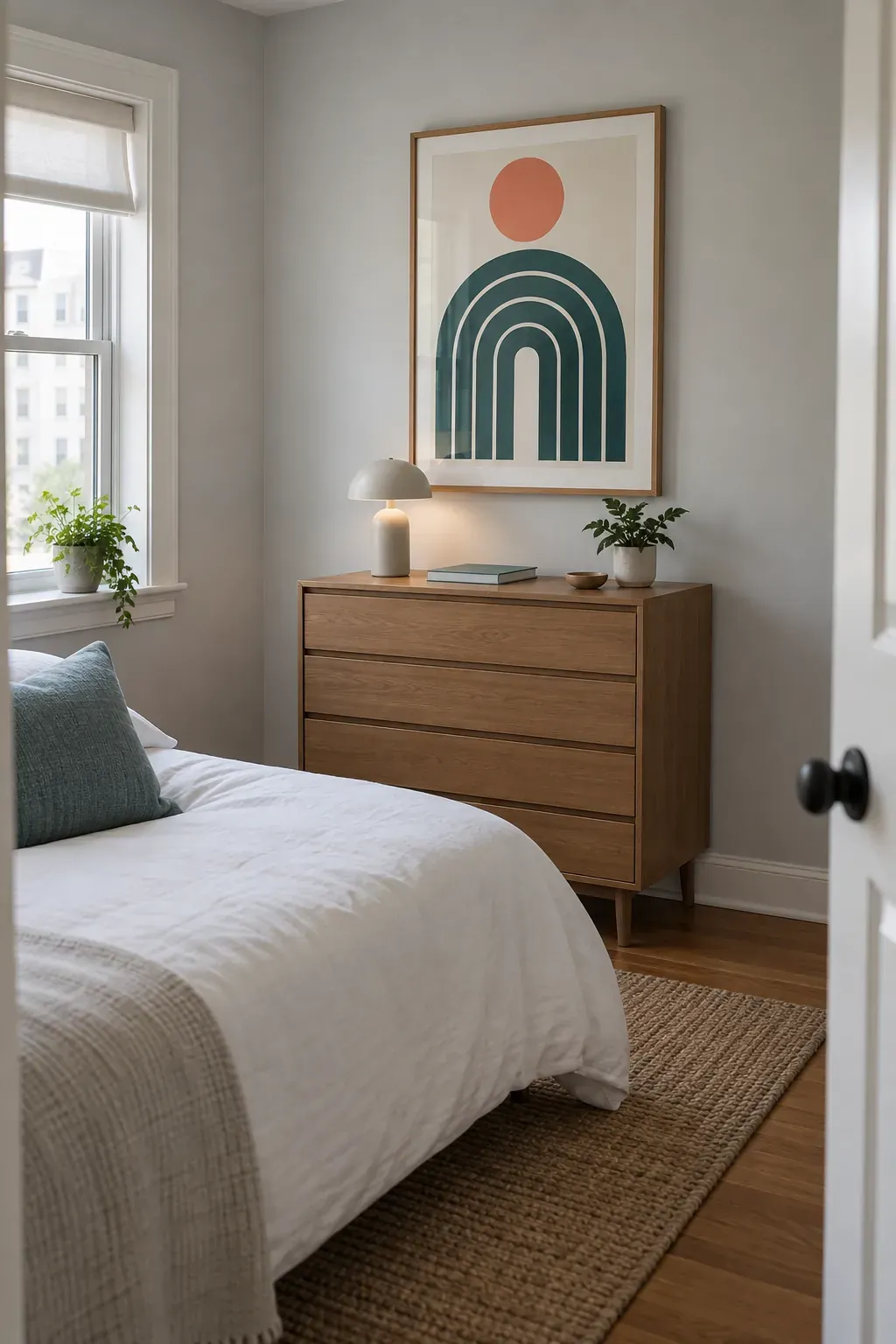 Bedroom with a framed abstract poster above a dresser