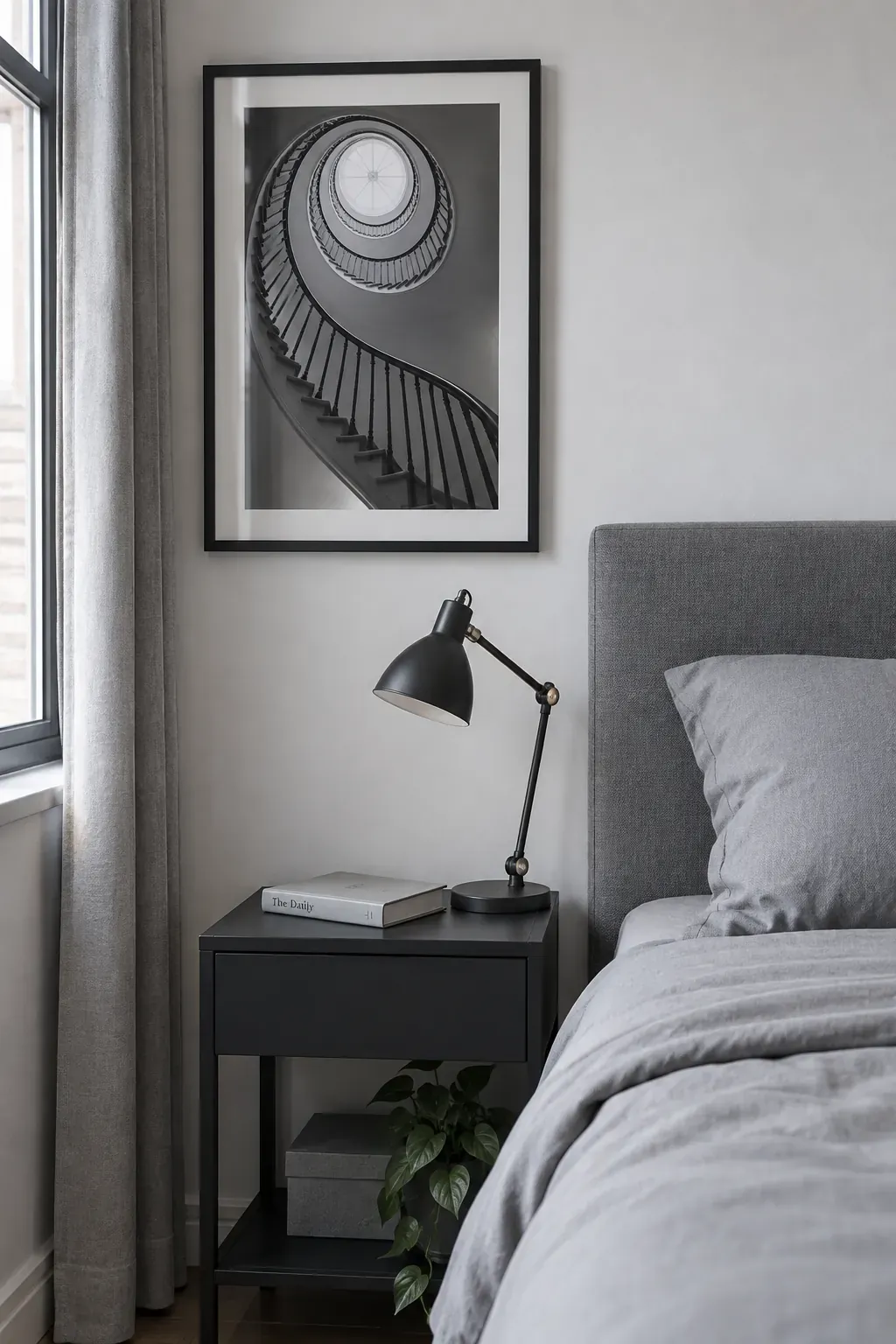 Black and white architecture beside the bed as a bedroom poster idea