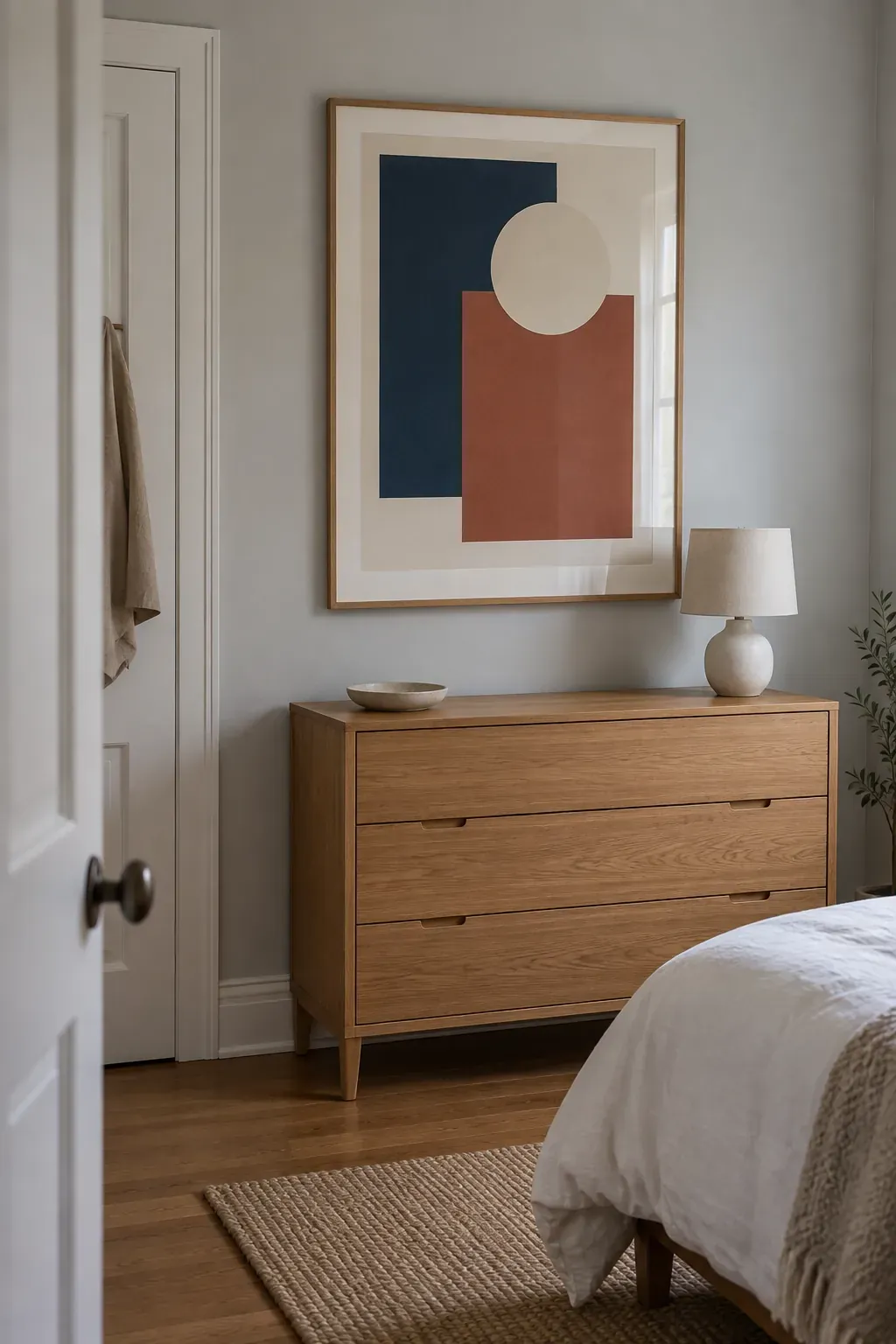 One oversized abstract above a dresser as a bedroom poster idea