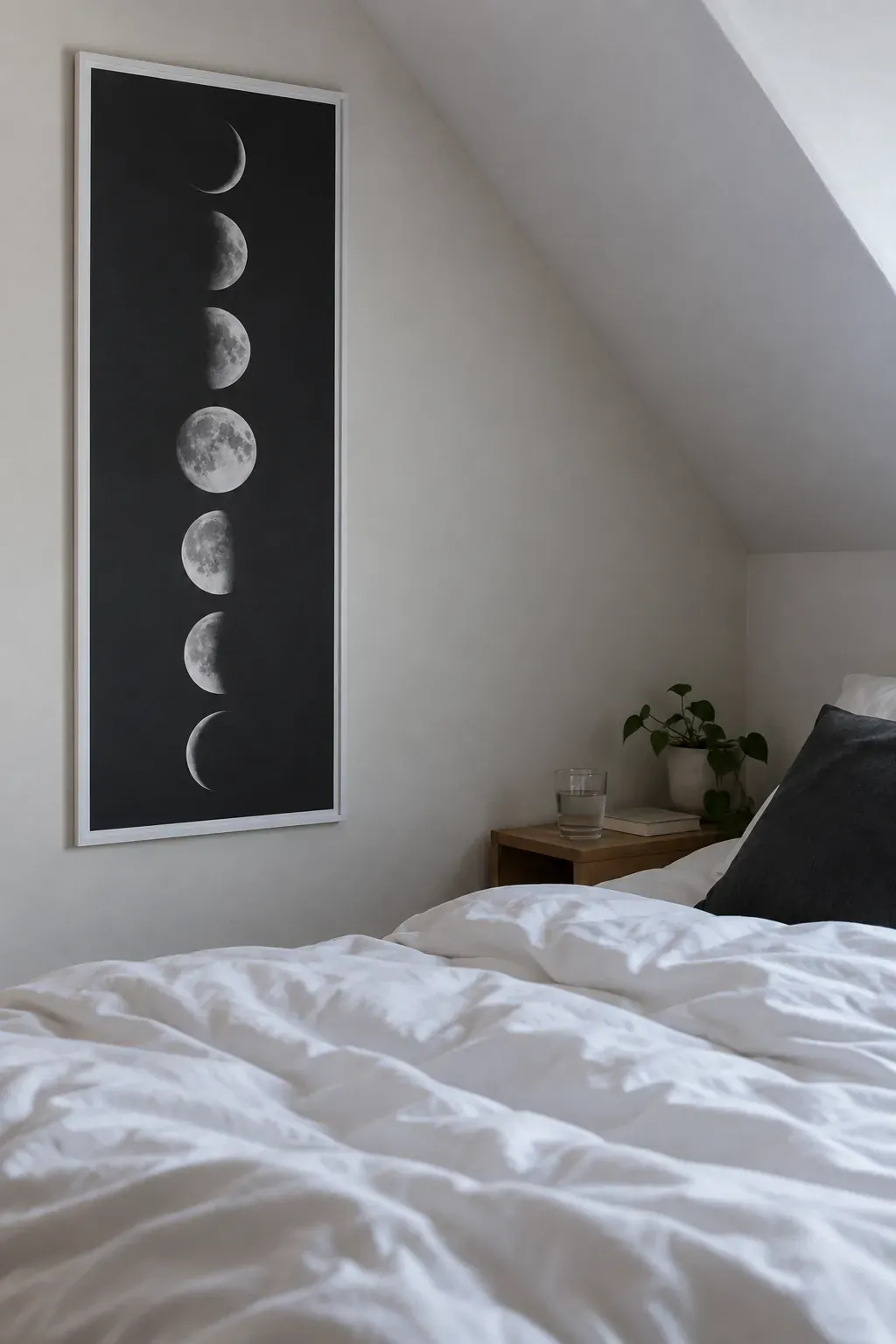 A moon phase print with quiet bedding as a bedroom poster idea