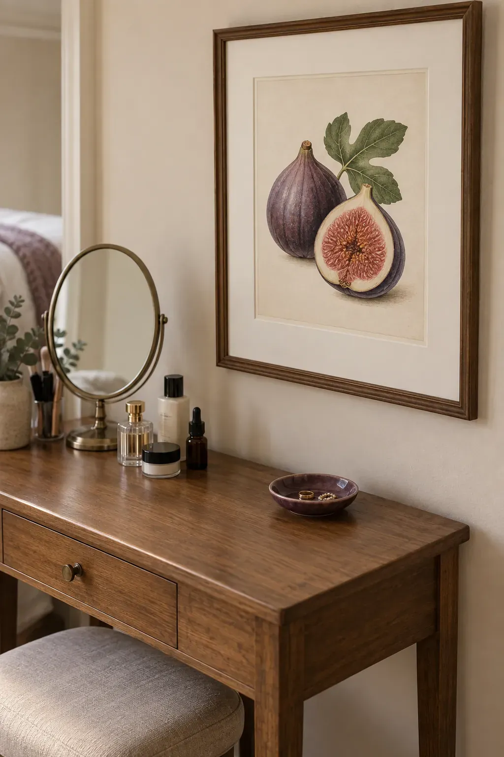 A vintage fruit illustration near the vanity as a bedroom poster idea