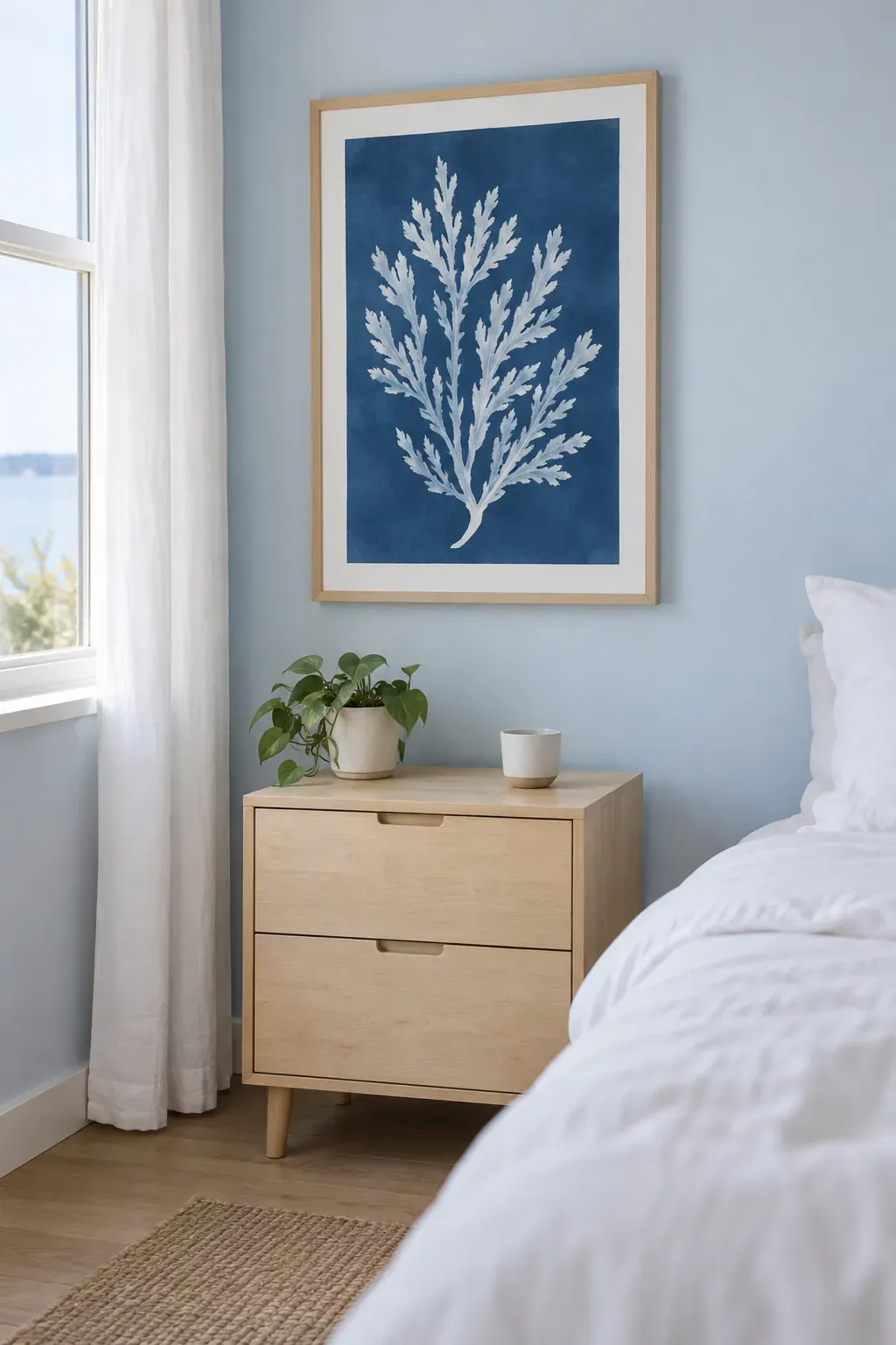 A blue seaweed print beside pale timber as a bedroom poster idea