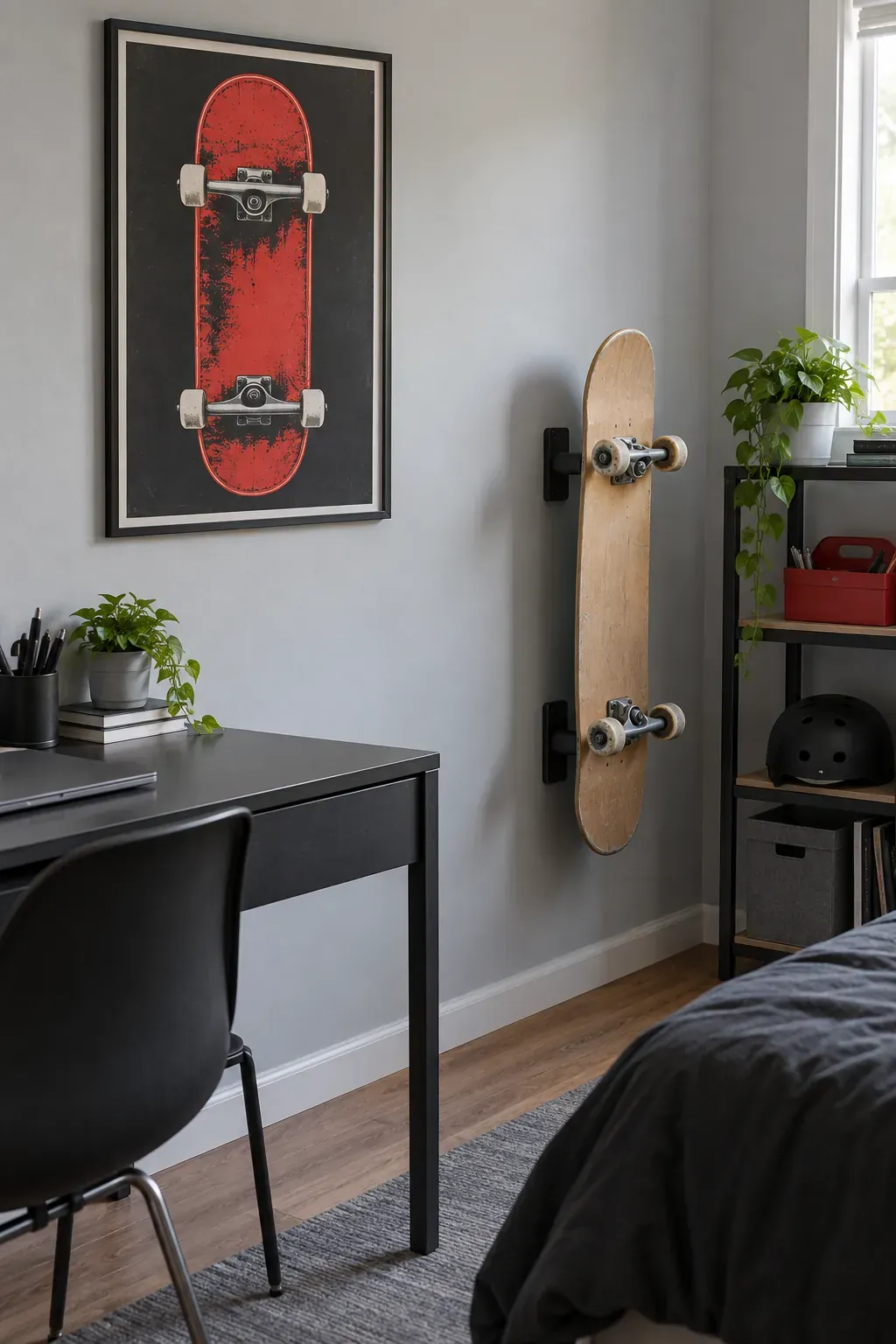 A skateboard print beside hobby storage as a bedroom poster idea