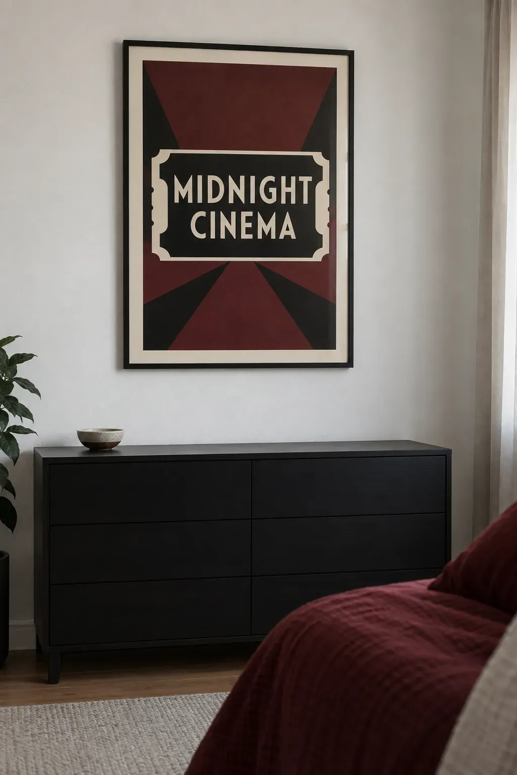A cinema poster in a slim dark frame as a bedroom poster idea