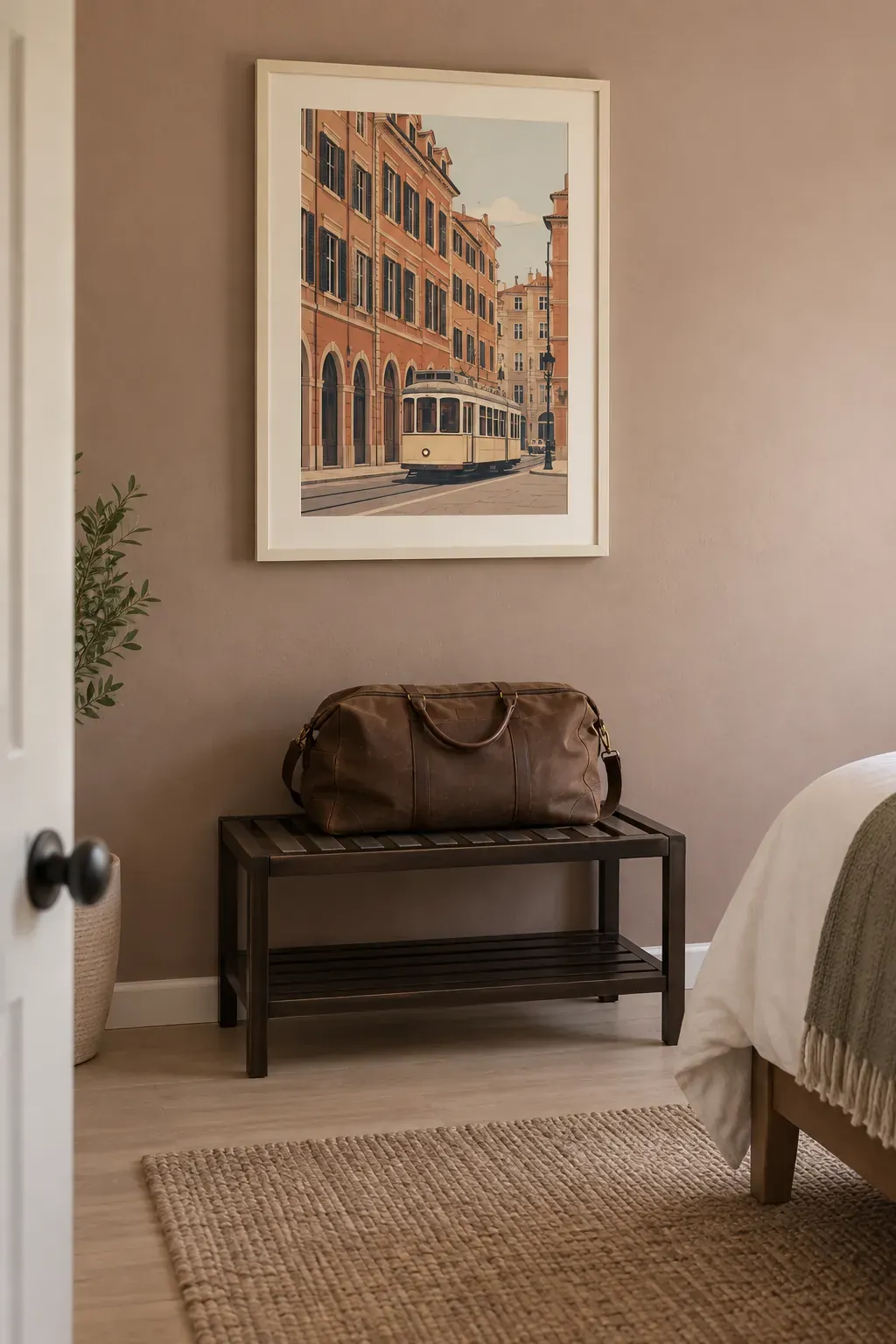 A city travel poster above a luggage shelf as a bedroom poster idea