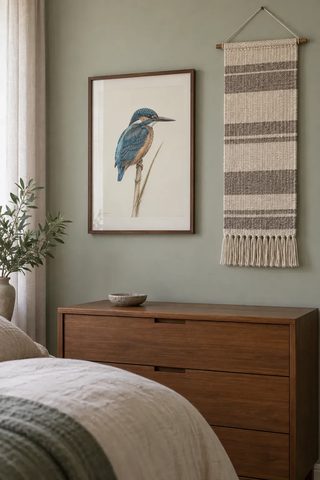 A bird illustration beside a woven hanging as a bedroom poster idea