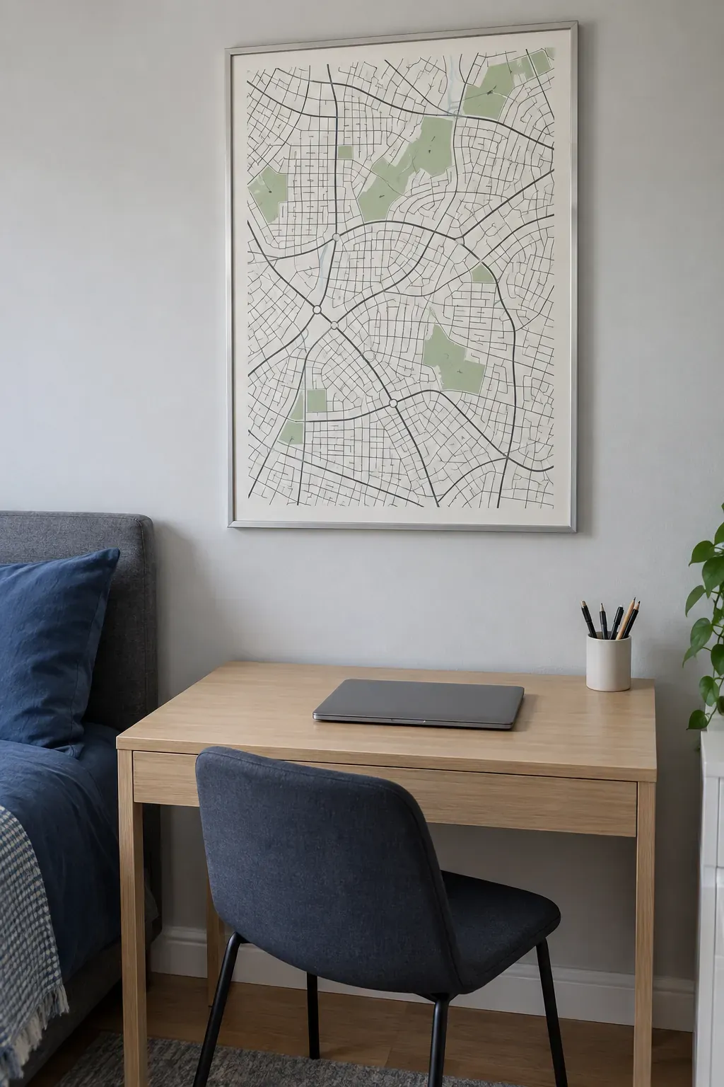 A neighborhood map near the desk as a bedroom poster idea