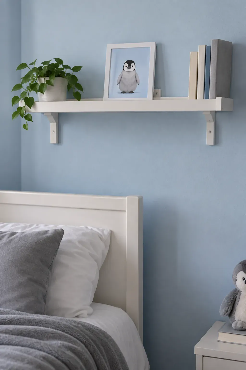 A small animal poster on an existing shelf as a bedroom poster idea