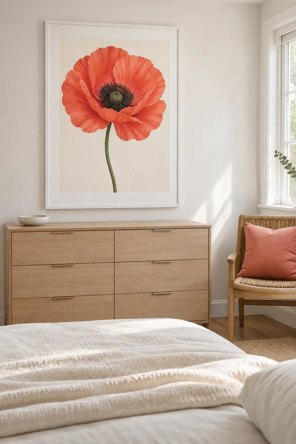 An oversized poppy print in a soft room as a bedroom poster idea
