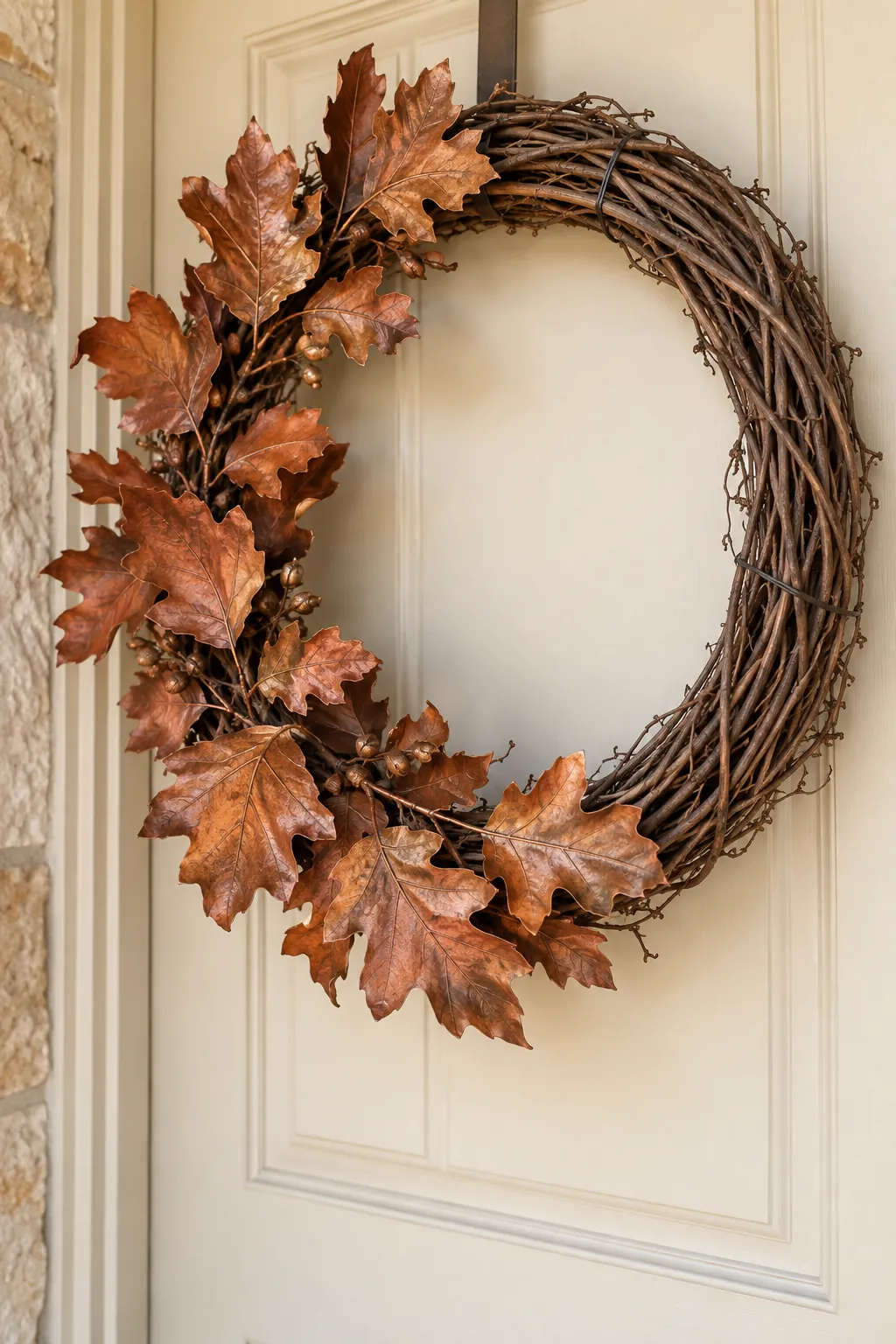 Asymmetric copper oak leaf wreath on exposed grapevine