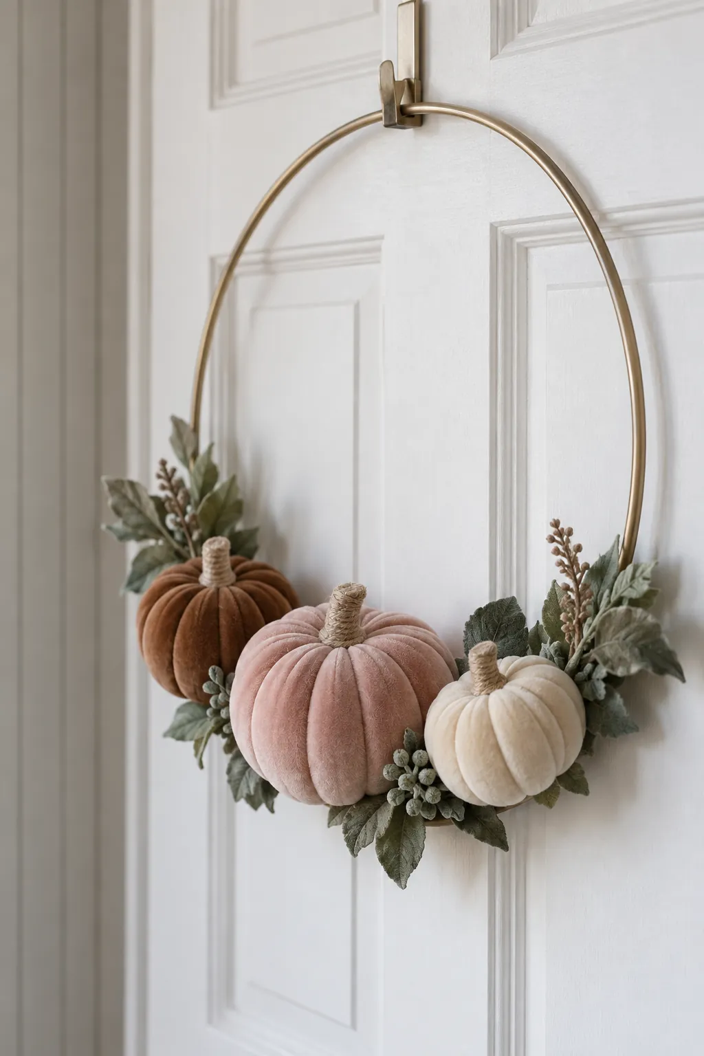 Blush and cinnamon velvet pumpkin crescent wreath