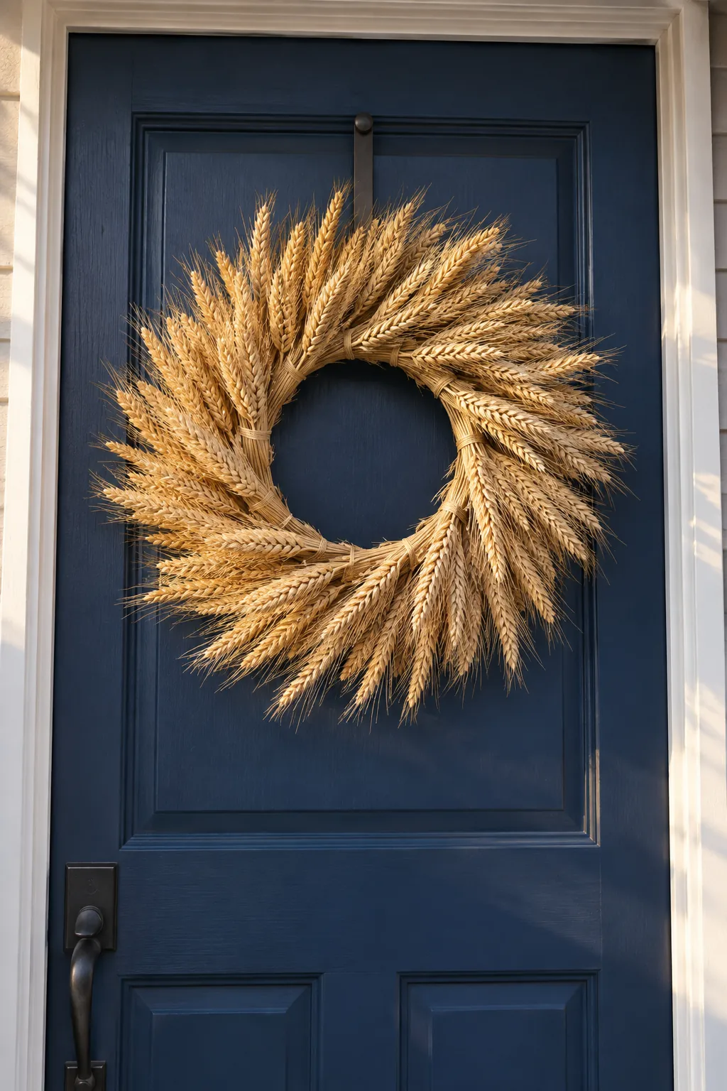 Golden wheat sunburst wreath on a navy door