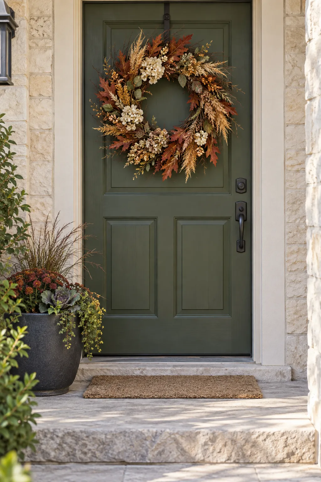 Autumn wreath on a moss green front door at a sheltered stone entrance