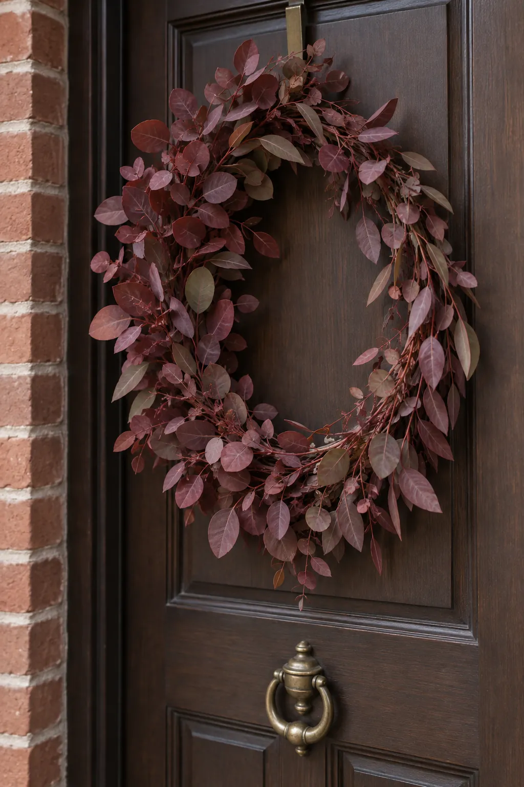 Burgundy eucalyptus oval wreath beside a brass door knocker