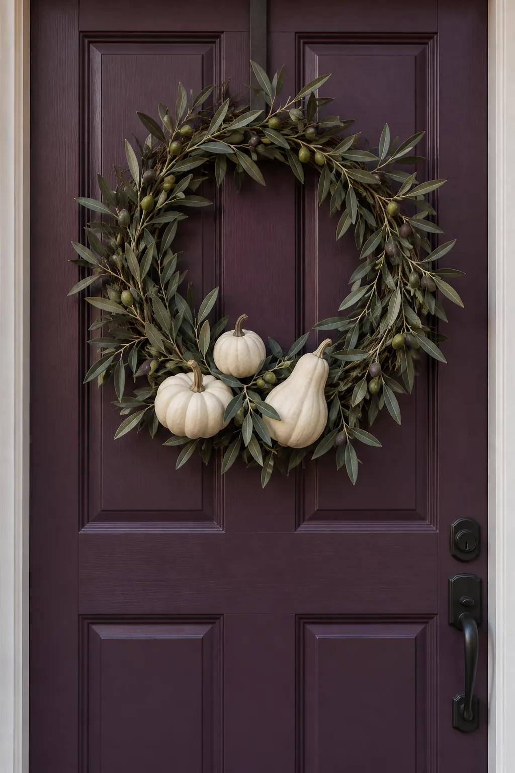 Cream faux gourds among olive leaves on a plum door