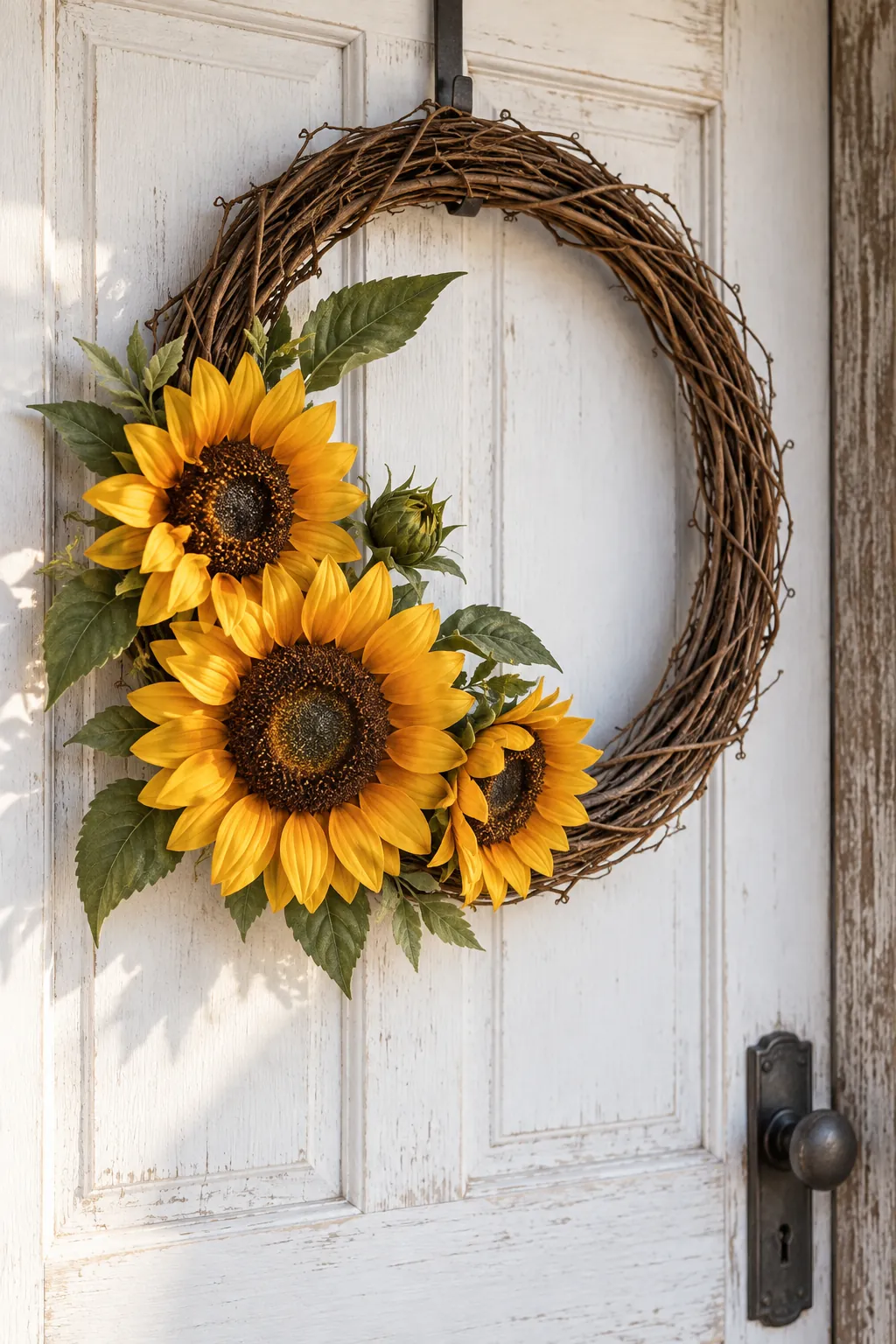 Three sunflower cluster wreath with exposed willow base