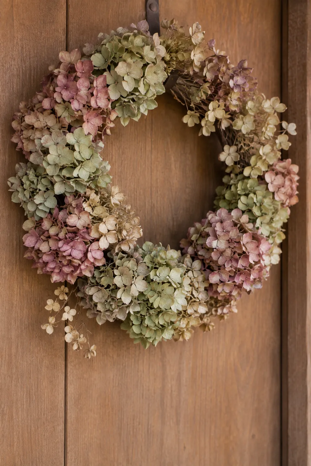 Dusty rose and green dried hydrangea wreath