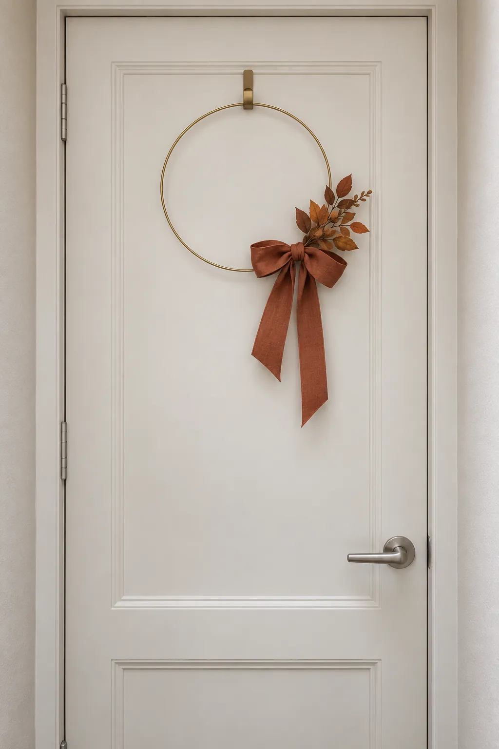 Minimal brass hoop with rust ribbon and short leaf spray